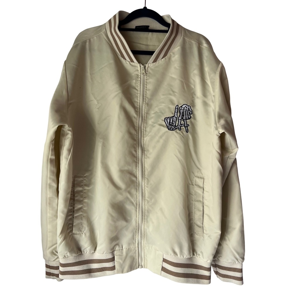 Original Deluxe Supply Mens LA Skeleton Rose Bomber Jacket Cream Medium Zip Up‎